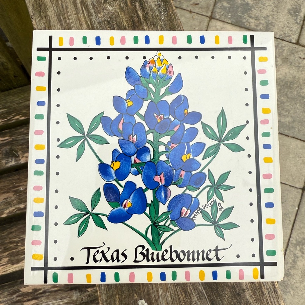 Vintage Kathryn Designs Texas Bluebonnet Porcelain 6" Square Tile‎ Trivet B